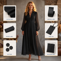 Robe chemise longue en mousseline micro-plissée vintage personnalisée, col rabattu, boutonnée, manches longues transparentes, coupe ample, fabrication sur mesure