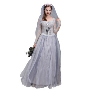 Robe de mariée fantôme pour femmes, Costume de Cosplay, robe en Tulle à manches longues avec voile et couronne de fleurs pour jeu de rôle en soirée d'halloween - Product Image 5