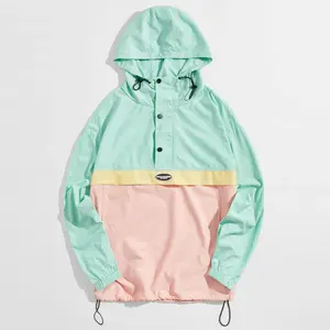 Wholesale Manufacturer Outwear Windbreaker Custom High Quality Men Colourblock Half Button Placket Hooded Jacket