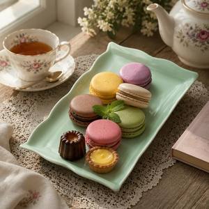 Nordischer Stil Wellenrand Keramiktablett 30,5cm Rechteckige Servierplatte Macaron-Grünes Porzellan Snackteller für Party und Zuhause - Product Image 1