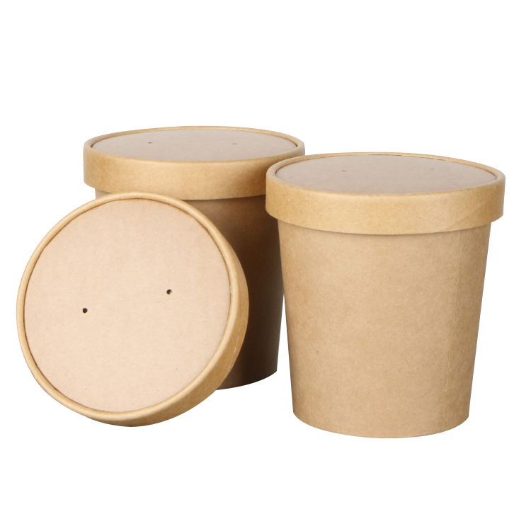 disposable food container waterproof and grease proof brown kraft paper soup bowl with paper lidPopular