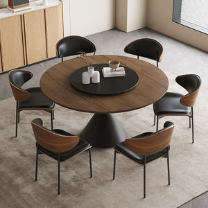 Mesa de Comedor Extensible de Madera Maciza con Tapa Redonda de Nogal y Base Negra, Diseño Moderno y Minimalista - Product Image 4