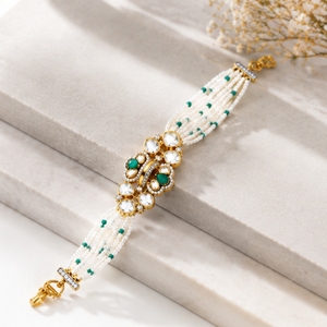 925 Silver Pearl <b>Beaded</b> <b>Bracelet</b> for Women with Green Stone Traditional Ethnic Designer Jewelry Fashion Party Wear Style - Product Image 4