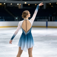 Robe de patinage artistique à manches longues dégradé bleu et blanc, ornée de strass et de mailles, pour compétition et spectacle (adultes et enfants)