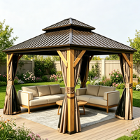 Gazebo extérieur en bois de cèdre naturel avec toit métallique à 2 niveaux, gazebo de patio en bois permanent avec rideaux d'intimité, parfait pour la terrasse