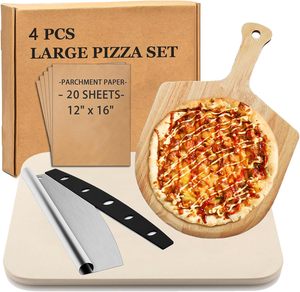 Factory Price Eco-Friendly 4pcs Pizza Tools Set with Stainless Steel Cordierite Pizza Stone & Wooden Peel for Oven and Grill - Product Image 1