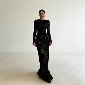 Abiti da Donna Neri con Motivo Dorato, Collo Tondo, Maniche Lunghe, Polsini Arricciati, Aderenti in Velluto, Eleganti e Formali, Vestiti Lunghi da Donna - Product Image 2