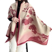 Nouvelle Écharpe d'Hiver en Faux Cachemire pour Femmes - Motif Pivoine Réversible, Châle Extra-Épais et Doux avec Protection Solaire