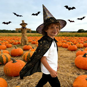 Kostum Jubah Anak-anak Halloween Jubah Cetak Emas Topi Penyihir Anak Laki-laki Perempuan Set Topi Selendang Pertunjukan Anak-anak Cosplay Kostum Jaring Laba-laba - Product Image 4