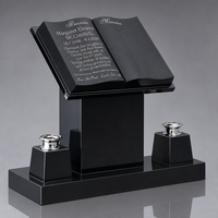 Monumento Funerario de Granito Negro Personalizado, Lápida con Biblia Abierta Tallada, Placa Conmemorativa para Cementerio con Floreros de Granito