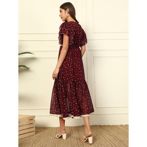 Floral Print Woven Georgette Tiered Casual <b>Dress</b> for Women's Square Neck Frilled Sleeves Fit & Flared Ankle Length Pockets - Product Image 3
