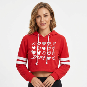 Sweat-shirt à capuche court rouge pour femme, imprimé cœur, manches longues, en molleton de coton respirant tricoté - Product Image 1