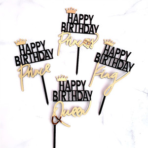 Décorations de gâteau réutilisables et écologiques en forme de lettres acryliques « Joyeux Anniversaire Roi Reine Princesse Prince » - Product Image 1