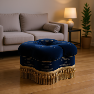 Pouf Ellen in Velluto Blu Navy con Frange Dorate, Arredamento per Soggiorno - Product Image 2