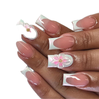 30 faux ongles en amande à presser, dégradé rose, French manucure, motif floral, pour usage professionnel en salon