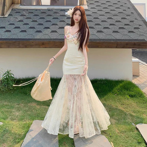 Vestido Largo de Verano para Mujer, Estilo Francés, con Encaje Floral, Malla Transpirable, Crepé, Elegante, Línea A, Blanco, Sin Tirantes, Natural - Product Image 1