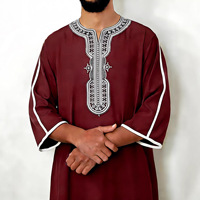 Jubah Pria Biru Dongker Bordir Geometris Putih di Bagian Leher, Jubah Muslim Pria Islami, Jubba Maroko, Kaftan, Pakaian Arab