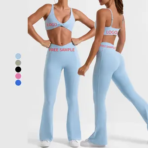 Custom 2 Piece Set active wear supplier yoga flare pants set fold over flare leggings set women clothing 2024