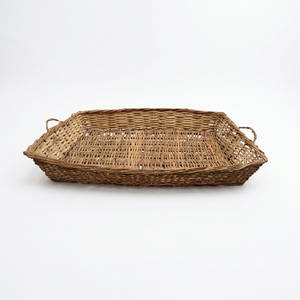 Large <b>rectangular</b> woven rattan living room coffee table <b>basket</b> with tall side handles. - Product Image 1
