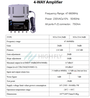 Penguat CATV HIGHFLY 28/34 DB TEL1434 1X4 4 Jalur 47-860MHz Gain 20dB Slope 18dB Output Maks 117dBuV 187-250V