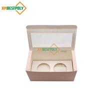 Boîte d'emballage pour muffins et cupcakes personnalisés à 2 cavités, en papier rose, pliable, à ouverture automatique, avec fenêtre supérieure