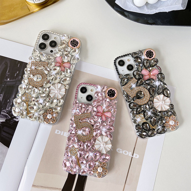 Luxury Bling Diamond Women 3D Flower Rhinestone Mobile Phone Case for iPhone 12 13 14 15 16 Plus Pro Max for Samsung S23 S24