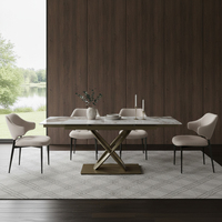 Ensemble de table à manger rectangulaire rétractable en céramique avec base dorée, style moderne et luxueux