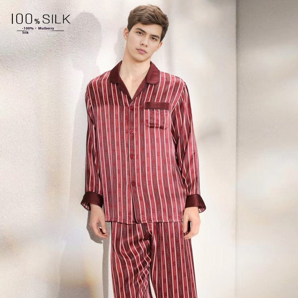 19mm Heavyweight Flannel Robes for Men 100% Mulberry Silk Stripes