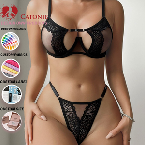 Completo Intimo Sexy in Pizzo Trasparente con Ferretto Morbido, Ricamo Perle e Strass, Reggiseno e Perizoma T-back da Donna - Product Image 1