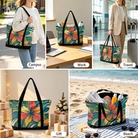 Sac de courses en toile à imprimé Hibiscus Hawaïen Sunburst, prêt à la vente, avec fermeture éclair et longues poignées de transport