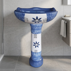 Juego de Lavabo con Pedestal Vinus Rustic Vitrosa - Cerámica Sanitaria Ecológica Resistente al Agua en Blanco y Azul para Villa o Centro Comercial - Product Image 1