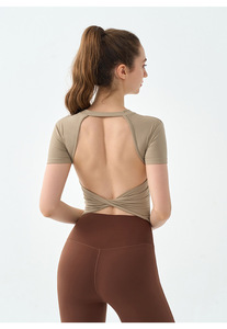 Women Criss Cross Twist <b>Open</b> Back Yoga Crop Top Short Sleeve Slim Fit Athletic T-Shirt Built in Padded <b>Bra</b> Pilates Workout Tee - Product Image 3