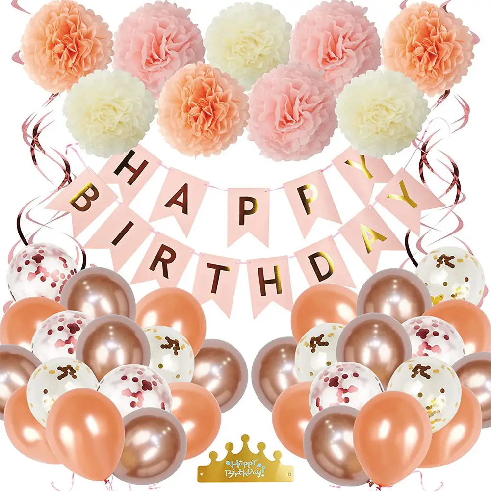 CIVI nuovo palloncini di buon compleanno in oro rosa con bandiera a coda di pesce con palloncino Set di compleanno palloncini in carta palloncini in lattice di fiori