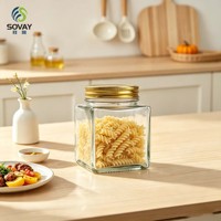 Stoples Kaca Geometris Persegi 330ml, Pot Transparan Mulut Lebar untuk Makanan Kering Dapur, Kemasan Ritel Komersial
