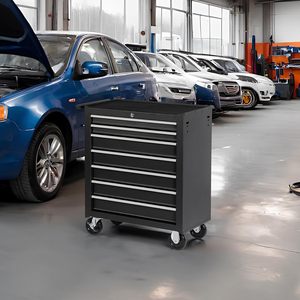 7引き出し黒ローリングツールチェストキャビネットキーロック大容量金属製ツールボックスホイールロール収納オーガナイザーガレージ用 - Product Image 2