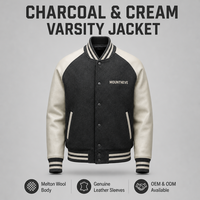 Blouson universitaire personnalisé pour homme en laine anthracite avec manches en cuir crème, boutons-pression, style Letterman, manteau de baseball universitaire, coupe bomber