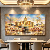 Peinture murale horizontale de luxe islamique en porcelaine cristalline, thème Mecque, Masjid Kaaba, dorure or, grande taille, pour l'Aïd al-Fitr, vente en gros