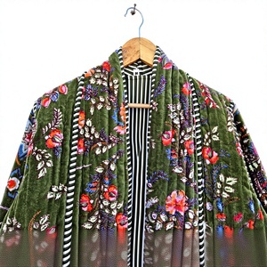 Blazer acolchado de terciopelo con estampado floral para mujer, cuello mandarín, manga larga, ropa de abrigo de otoño, regalo para ella - Product Image 2
