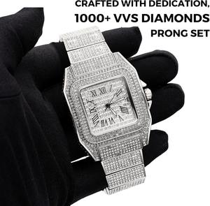 Reloj con Diamantes Moissanite - Chapado en Oro/Platino Blanco de Lujo, Esfera Cuadrada con Números Romanos y Calendario - Product Image 1