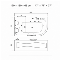 Baignoire spa incurvée sur mesure 1200x1800mm avec double appui-tête, rail chromé et jets d'hydro-massage