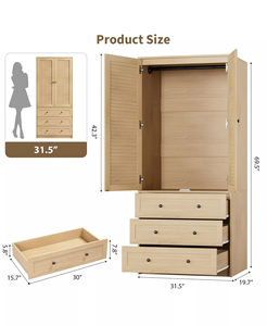 Armoire de chambre moderne avec 3 tiroirs, armoire en bois de 69,5 pouces avec tringle de suspension, 2 portes, rangement mural pour vêtements - Product Image 2
