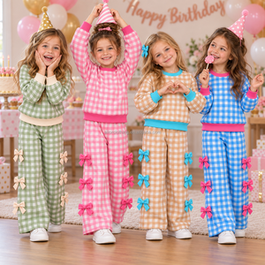 Conjunto de Yoga para Niñas con Pantalones Anchos y Lazo Lateral, Top de Manga Larga con Cuello Redondo y Pantalones a Cuadros Azules, Conjunto de Dos Piezas - Product Image 1