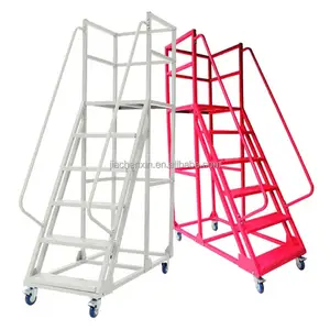 Grosir tangga loteng Supermarket portabel troli dapat diatur tangga memanjat gudang Platform 2m dengan pegangan