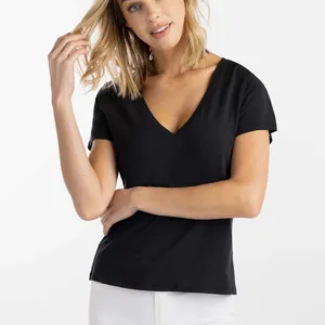 Custom Logo Pima Cotton Spandex Blank Plain Soft Lightweight Casual V Neck Womens T-Shirt