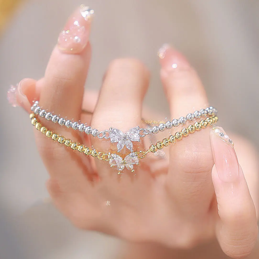 Diamond Butterfly Bracelet Women's Fashion Temperament Beads Adjustable Bracelet Lovely Bowknot Crystal Bracelet