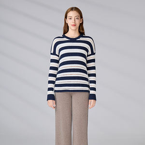 Knitwear Manufacturer Long Sleeve Striped Breathable Streetwear <b>Jumper</b> Autumn <b>Mesh</b> Cotton Sweater for Women - Product Image 3