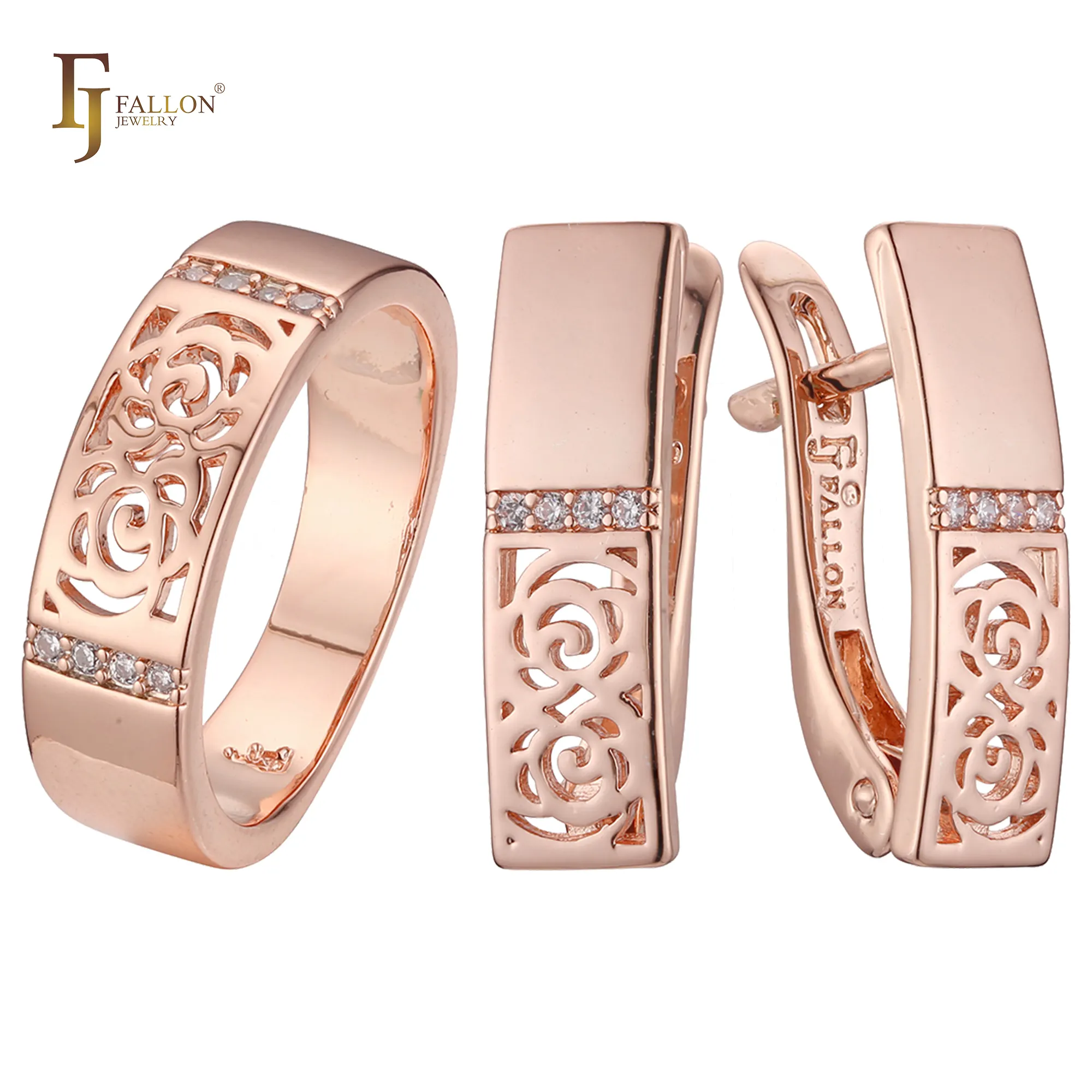 F81200401 FJ Fallon Moda Jóias brilhante oco rosa jóias conjunto Banhado em Rose Gold bronze com base