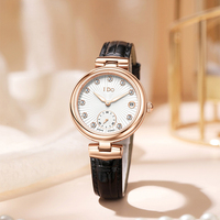 Montre mécanique automatique élégante et luxueuse pour femme, boîtier en or rose, petit cadran des secondes, calendrier, bracelet en cuir, montre-bracelet pour femme