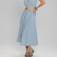 Jupe en jean midi décontractée pour femme, taille haute, fermeture éclair latérale, coupe évasée, longue jupe en denim