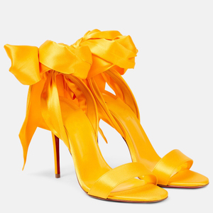 Sandalias de tacón alto de satén amarillo brillante para mujer, con una sola tira, lazo trasero, zapatos de vestir con correa de encaje en el tobillo y tacón de aguja. - Product Image 5